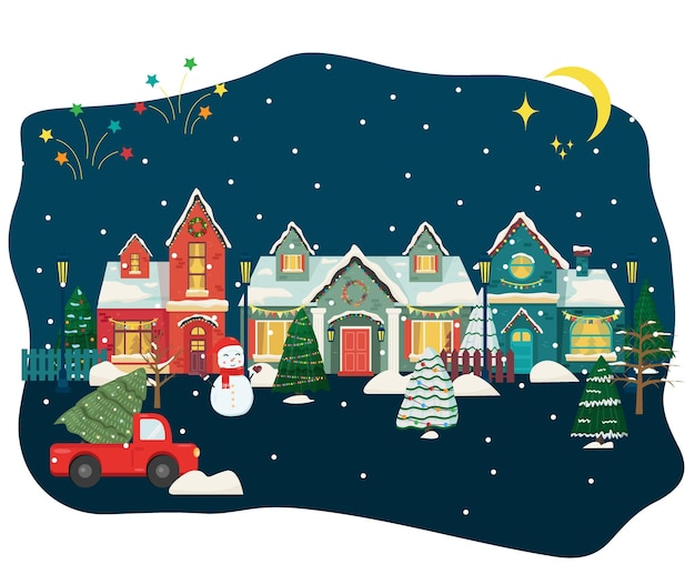 居心地の良いクリスマス タウン シティ パノラマ冬のクリスマス村の雪の夜