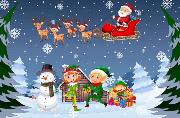 snowy night scene with christmas cartoon characters