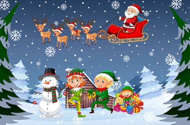 Snowy night scene with Christmas cartoon characters