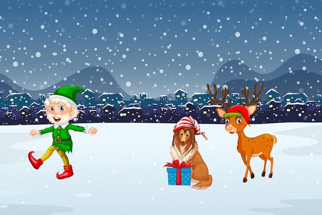 Snowy night scene with Christmas cartoon characters