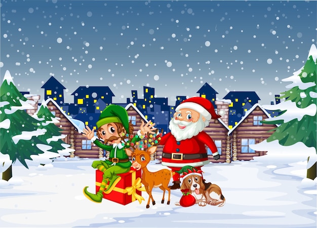 Snowy night scene with Christmas cartoon characters