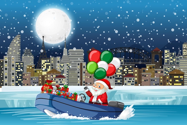 Vector snowy night with cute elf delivering gifts by speedboat