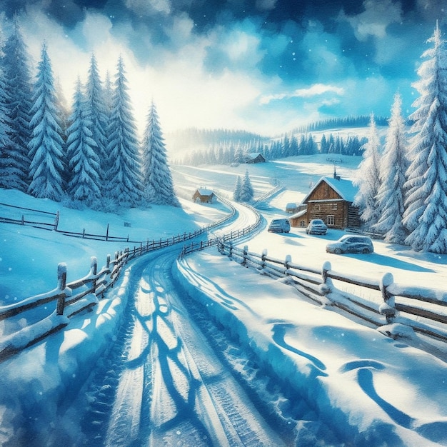 Vector snowy pathway with log house and pine trees