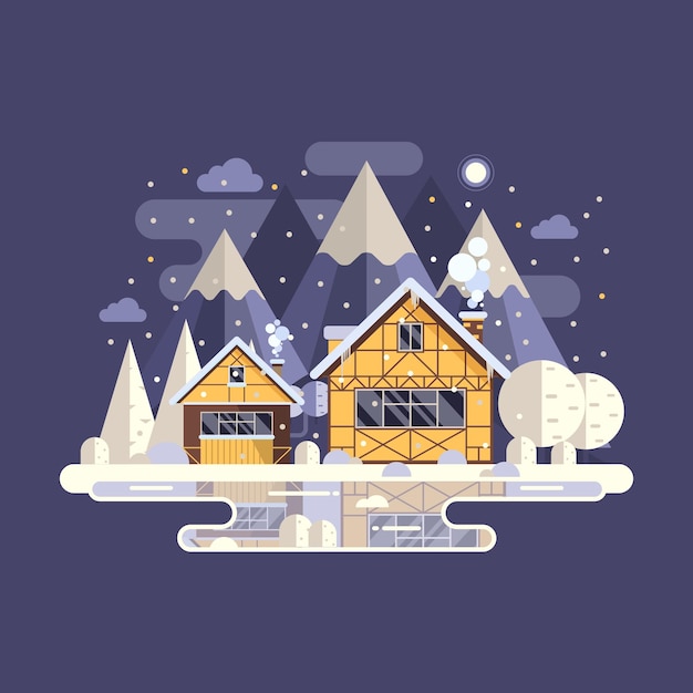 ベクトル 山を背景に煙突のある田舎の冬の家の雪景色森のコテージまたは冬の凍った湖の木骨造りの小屋漫画の雪をかぶった家の風景バナー