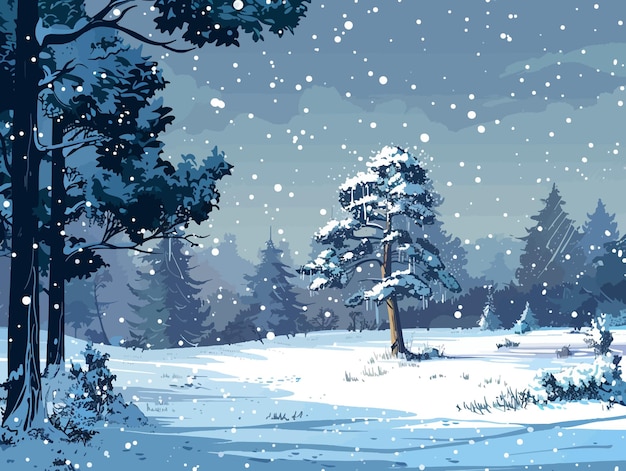 a snowy scene with a tree and a snowy landscape
