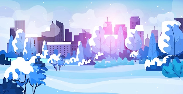 Snowy urban park cityscape background merry christmas happy new year greeting card horizontal