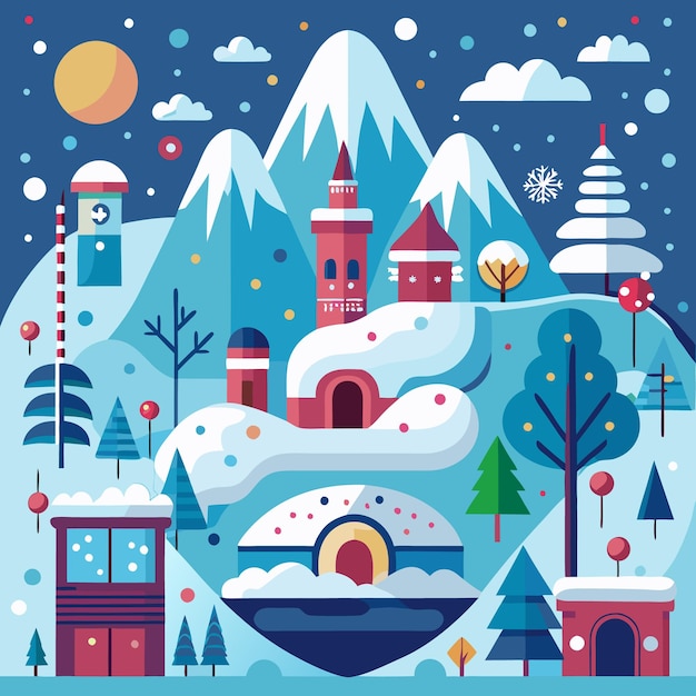 Snowy Village with a Towering Mountain and a Cozy Igloo