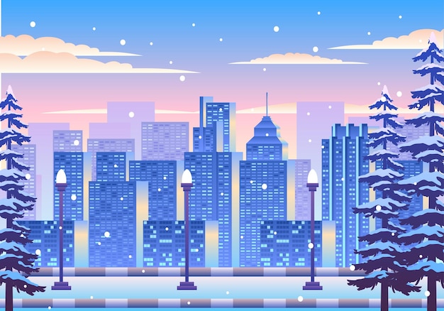 雪に覆われた冬の街の風景 イラスト