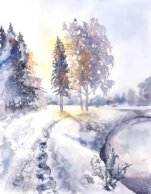 Illustrazione dell'acquerello del paesaggio della foresta di inverno innevato