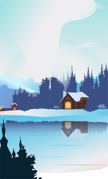 Vector snowy winter house on river bank with smoke from chimney. winter snow landscape, reflection in water