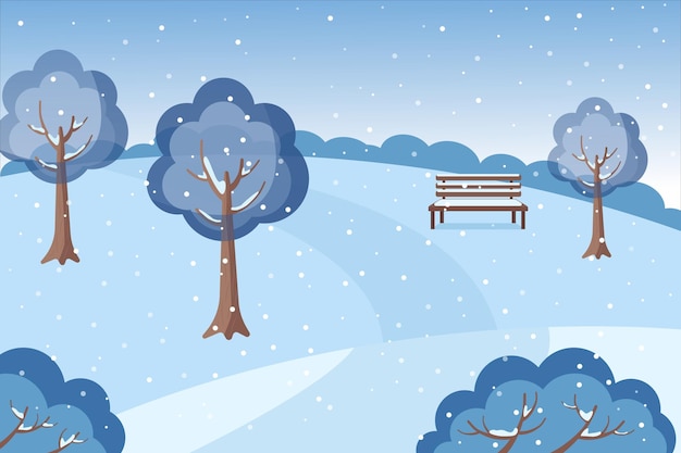 Snowy winter landscape. Bench and trees in the park. Vector illustration, flat design.