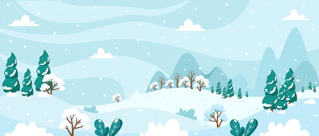 snowy winter landscape with trees firtrees mountains fields