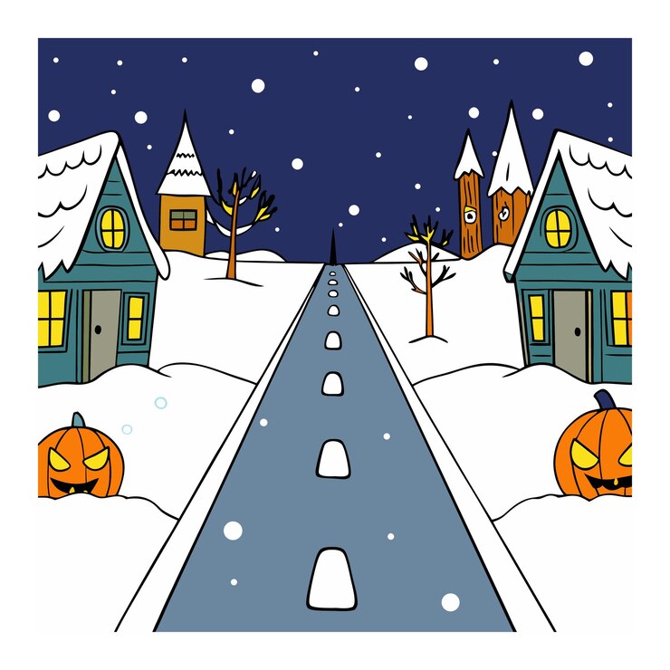 Vector a snowy winter night scene with houses and pumpkins