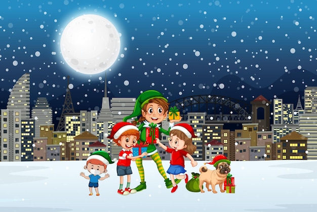 Snowy winter night with Christmas elf and friends