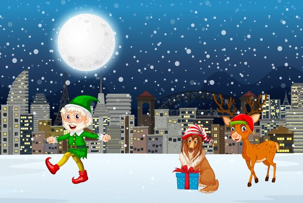 Snowy winter night with Christmas elf and reindeer