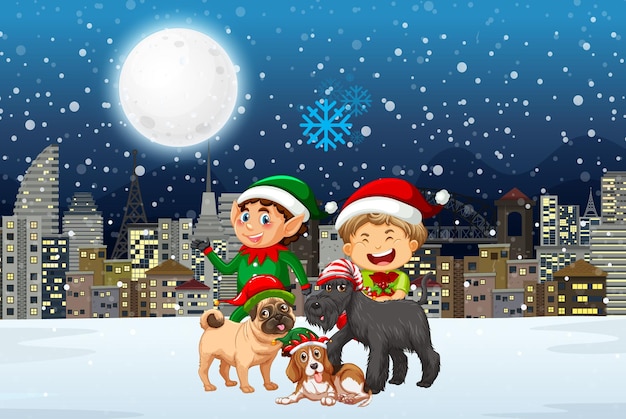 Снежная зимняя ночь с рождественскими эльфами и милыми собаками