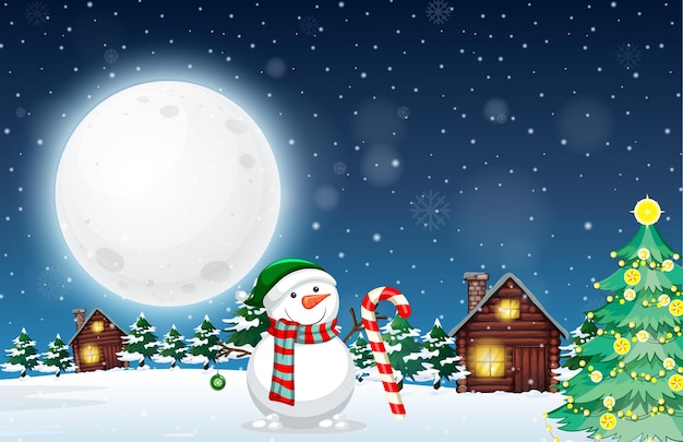 Снежная зимняя ночь с рождественским снеговиком
