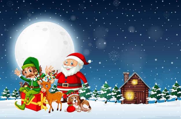 산타클로스와 친구들과 눈 덮인 겨울 밤