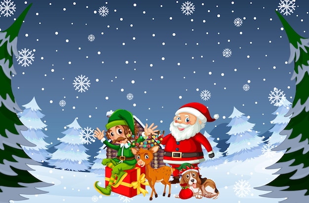 snowy winter night with santa claus and friends