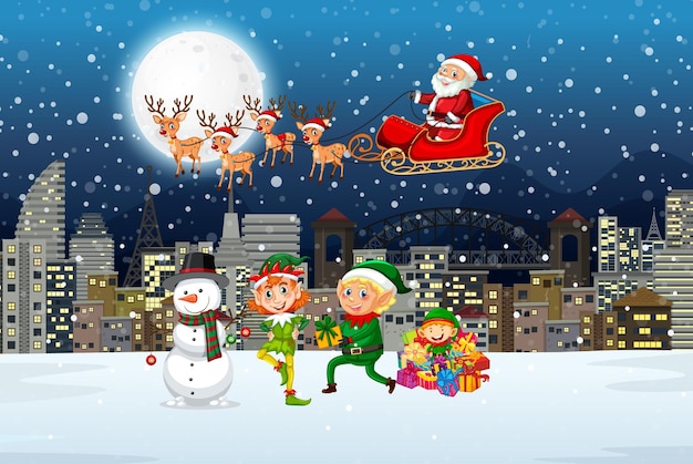 Snowy winter night with Santa Claus on sleigh and elves