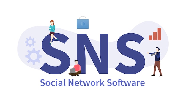 Concetto di software di social network sns con grande parola o testo con persone del team e illustrazione vettoriale in stile piatto moderno