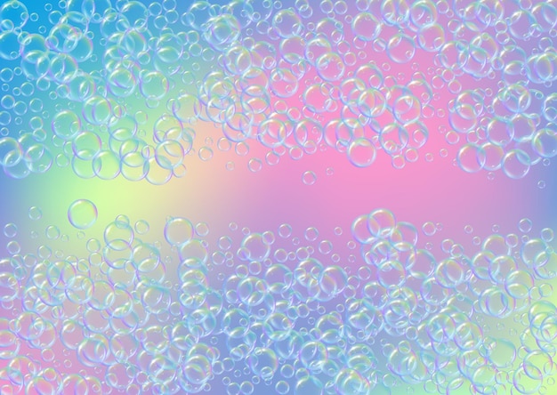 Vettore bolla di sapone schiuma da bagno detergente e schiuma per vasca shampoo layout di illustrazione vettoriale 3d effervescenza e spruzzi minimi cornice e bordo realistici dell'acqua bolla di sapone liquido colorata arcobaleno