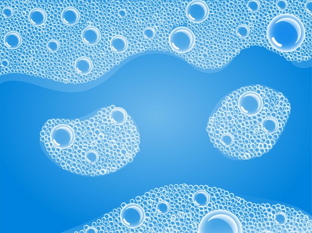 Soap Bubbles in Bath or Sud Vector Transparent Foam on Blue water background