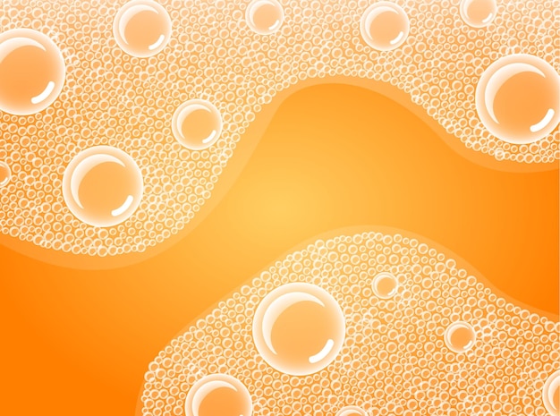 Soap bubbles in bath or sud vector transparent foam on orange soda water background