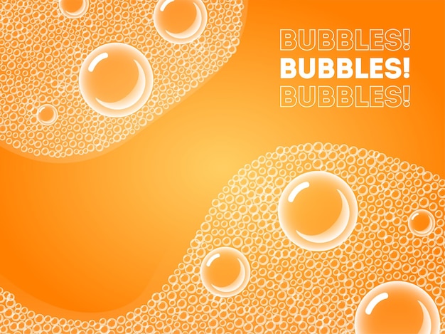 Soap Bubbles in Bath or Sud Vector Transparent Foam on Orange Soda water background