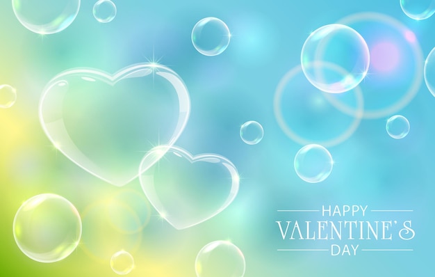 Soap bubbles in the form of valentines hearts on green and blue background with lettering Happy Valentines Day. Illustration can be used for holiday design, posters, cards, websites, banners.