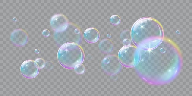 Vector soap bubbles illustrations of realistic transparent soap bubbles on transparent cut out background