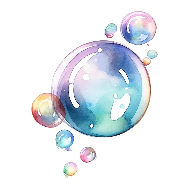 ソープバブル 水彩画 手描き 白い背景に隔離されたカラフルなベクトルイラスト