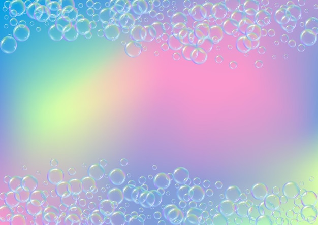 Vector soap foam on gradient background realistic water bubbles 3d cool rainbow colored liquid foam with shampoo bubbles horizontal cosmetic flyer and invite soap foam for bath and shower vector eps10