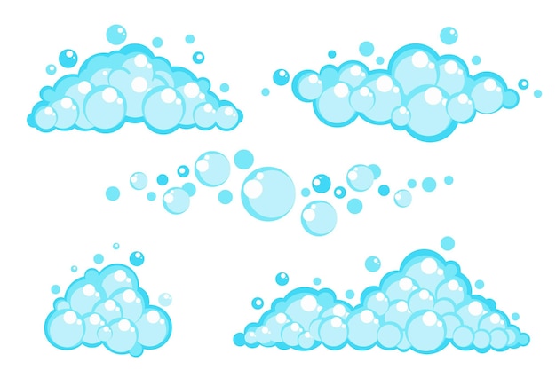 Vector soap foam set with bubbles carton light blue suds of bath water shampoo shaving mousse