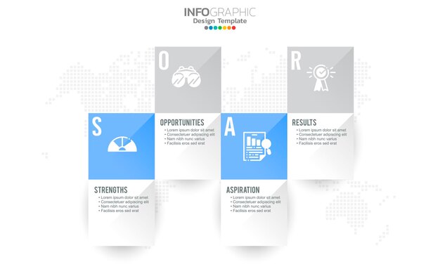 Soar banner infographic voor bedrijfsanalyse, kracht, kansen, ambities en resultaten.