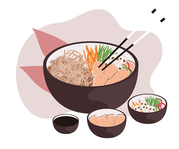 丼にそば。箸で麺のボウル。アジア料理。ベクトル イラスト。