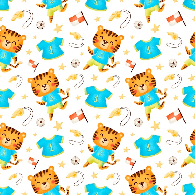 Soccer animals seamless pattern. Soccer tiger seamless pattern.