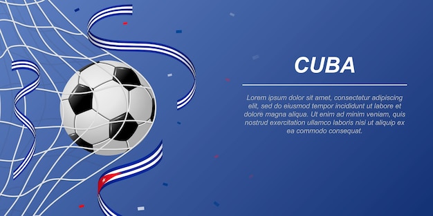 Soccer background with flying ribbons in colors of the flag of Cuba