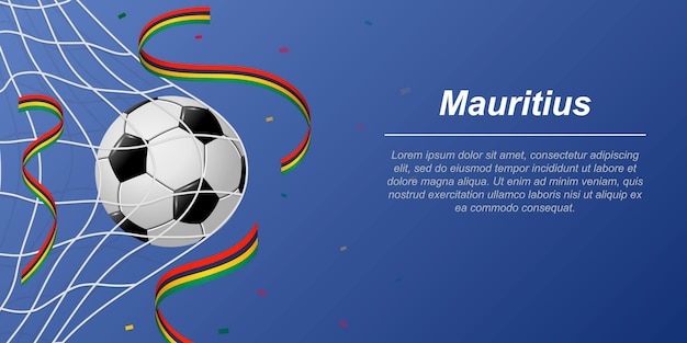 Soccer background with flying ribbons in colors of the flag of Mauritius