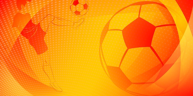 Soccer background with a football player kicking the ball and other sport symbols in national colors of Spain