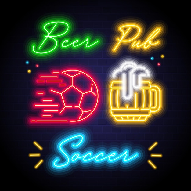 Soccer ball and beer glass sign with neon light glowing vector elements