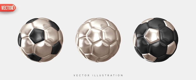 Palla da calcio. palline da calcio imposta uno stile di design 3d realistico. texture in pelle color argento e nero. mockup di elementi sportivi isolati su sfondo bianco. illustrazione vettoriale