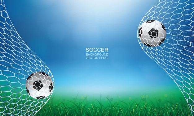 Soccer ball in goal. Football ball and white net with light blurred bokeh background. Vector illustration.