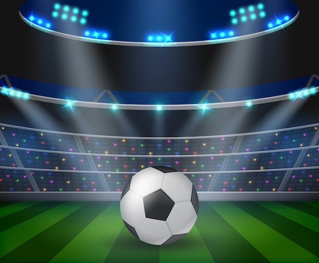 Soccer ball on green stadium background illustration