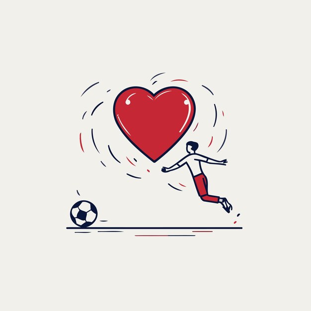 Vettore pallone da calcio e cuore illustrazione vettoriale in stile lineare piatto