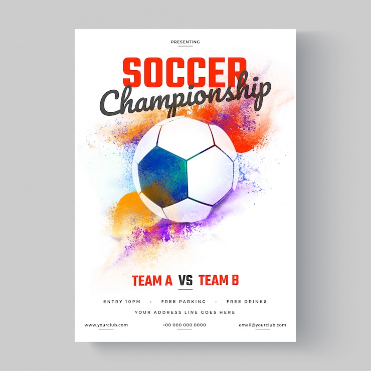 Vector soccer ball, soccer championship flyer or poster design on colorful background.
