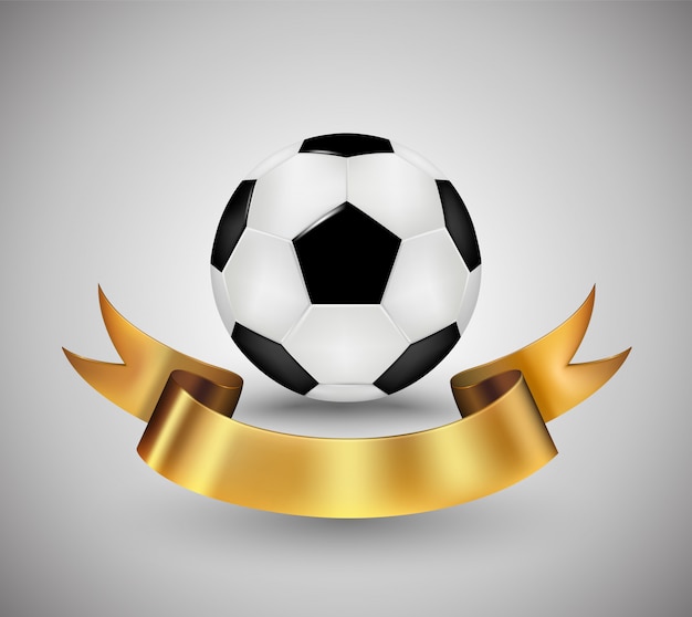 Vector soccer ball with gold ribbon banner