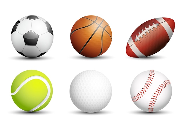 Vettore calcio, basket, football americano, tennis, golf e baseball come attività ricreative salutari e divertenti per il tempo libero per il gioco di squadra e individuale per il design vettoriale della salute.