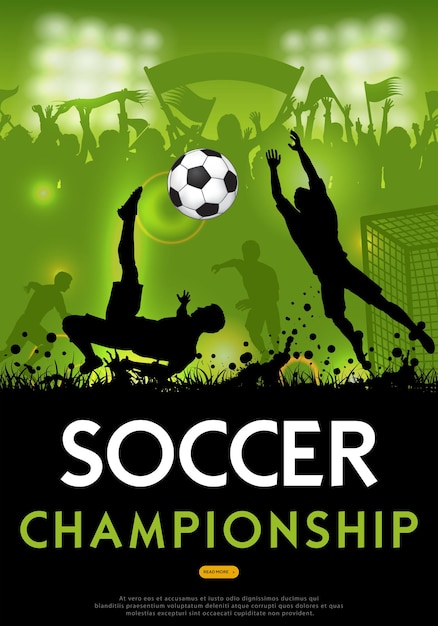 Vettore manifesto del campionato di calcio con giocatori di calcio di sagome, pallone da calcio e fan di sagome, illustrazione vettoriale