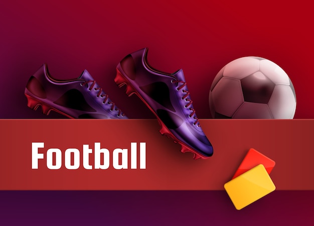 Футбольные бутсы фиолетовые бутсы с красными и желтыми карточками и мячом для фона футбольной рекламы. оборудование для рефери